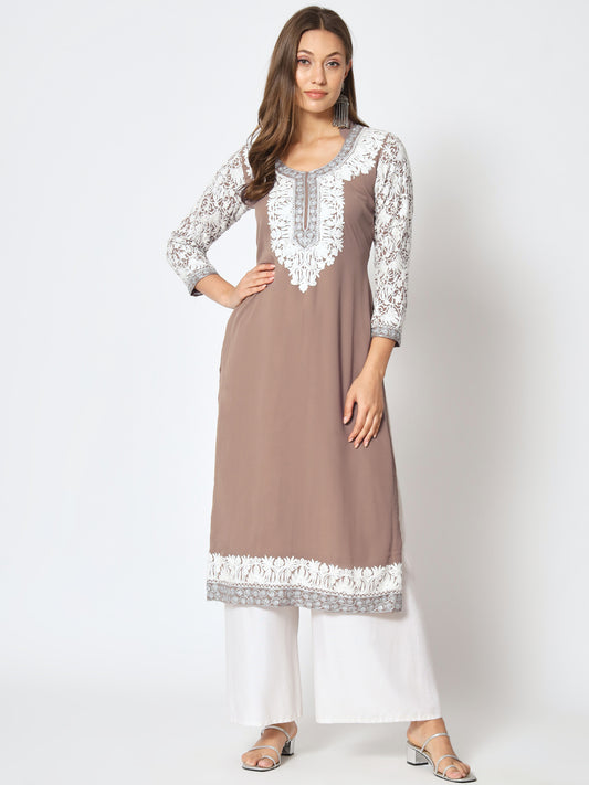 Unstitched Kurta in Faux Georgette with Aari Embroidery (without lining) | Brown
