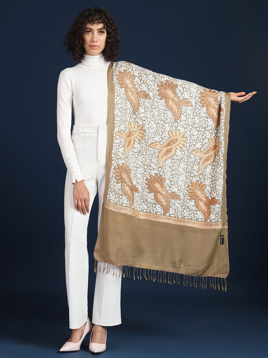 Woollen Pashmina Feel Stole in Silk Embroidery for Women | Brown