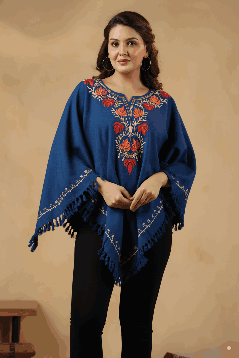 Woollen Poncho Top with Kashmiri Chinar Neck Hand Embroidery  and Inner Lining | Blue - view 7