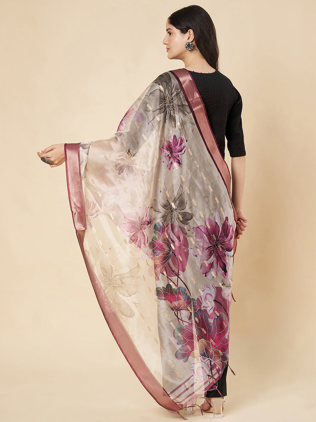 Floral Printed Organza  Dupatta for Women | Ivory