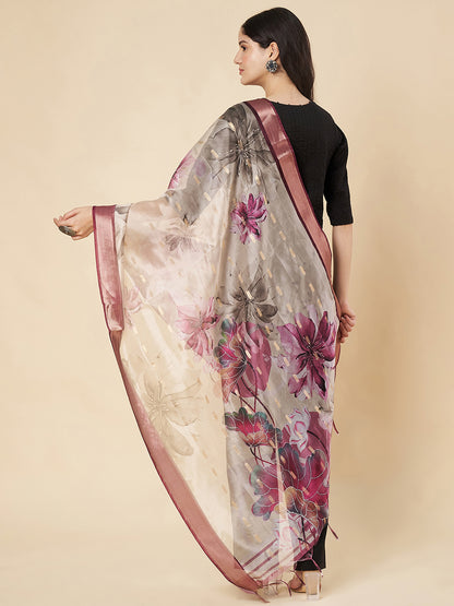 Floral Printed Organza  Dupatta for Women | Ivory
