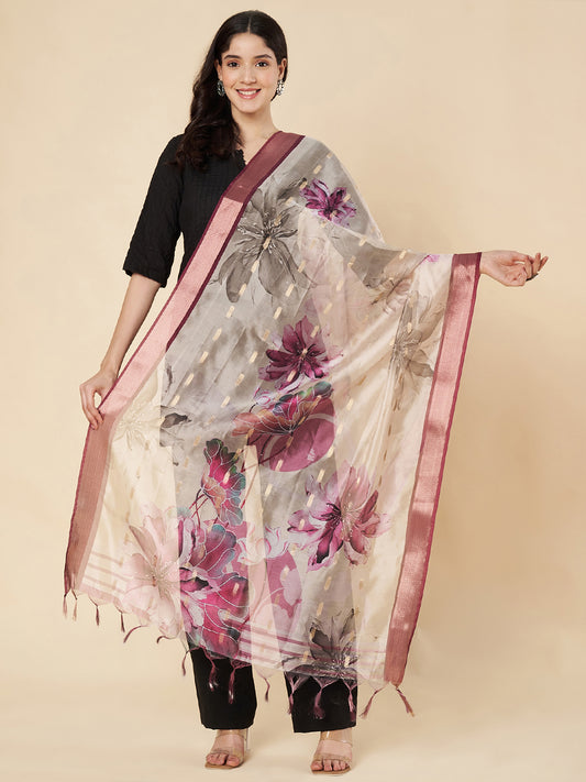 Floral Printed Organza  Dupatta for Women | Ivory