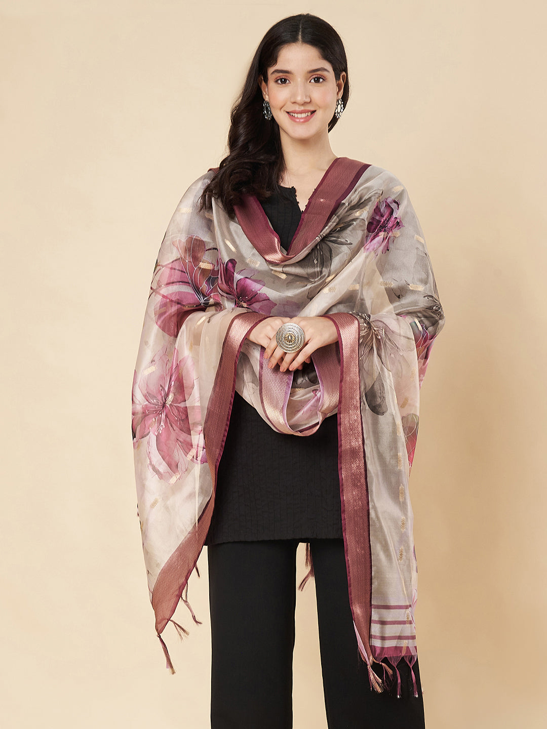 Floral Printed Organza  Dupatta for Women | Ivory