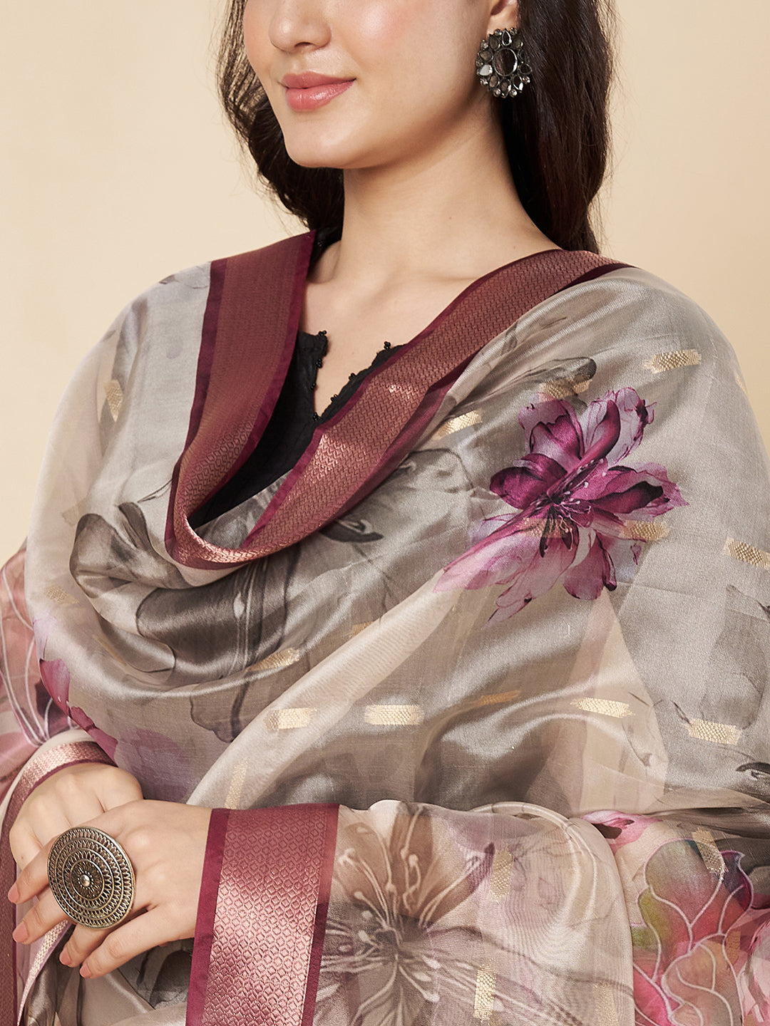 Floral Printed Organza  Dupatta for Women | Ivory
