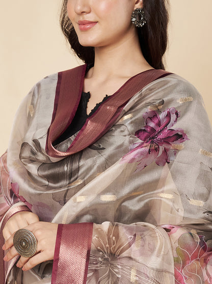 Floral Printed Organza  Dupatta for Women | Ivory
