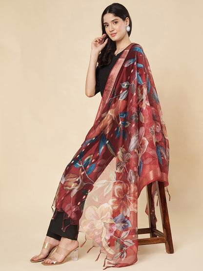 Floral Printed Organza  Dupatta for women | Maroon