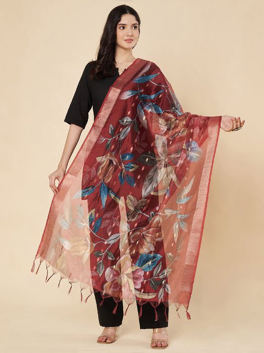 Floral Printed Organza  Dupatta for women | Maroon