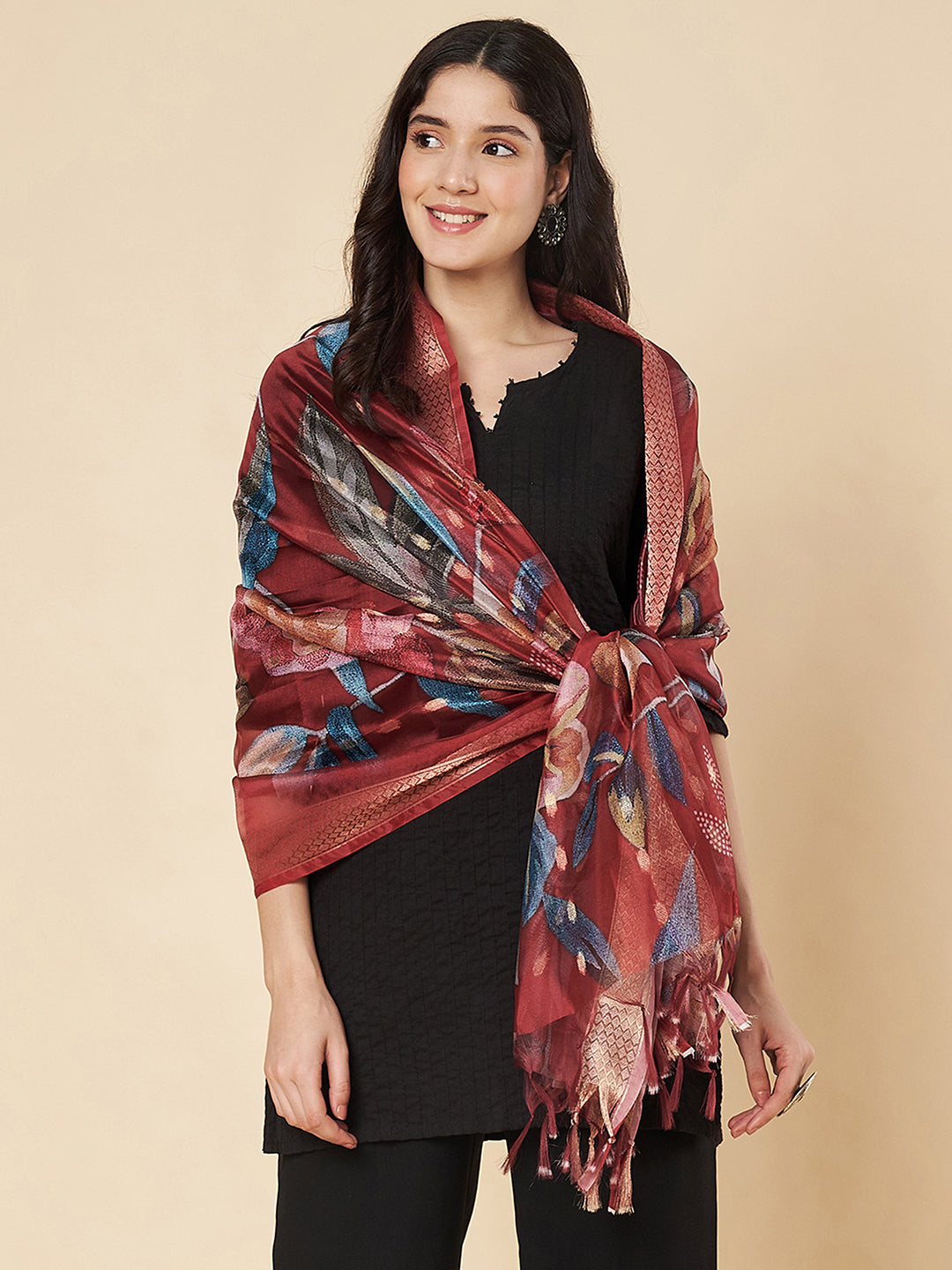 Floral Printed Organza  Dupatta for women | Maroon