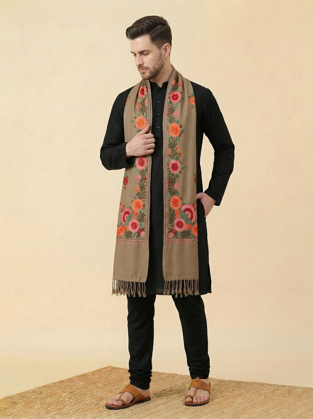 Kashmiri Aari Embroidered Woollen Stole for Men | Brown - photo 1