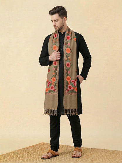 Kashmiri Aari Embroidered Woollen Stole for Men | Brown - photo 1