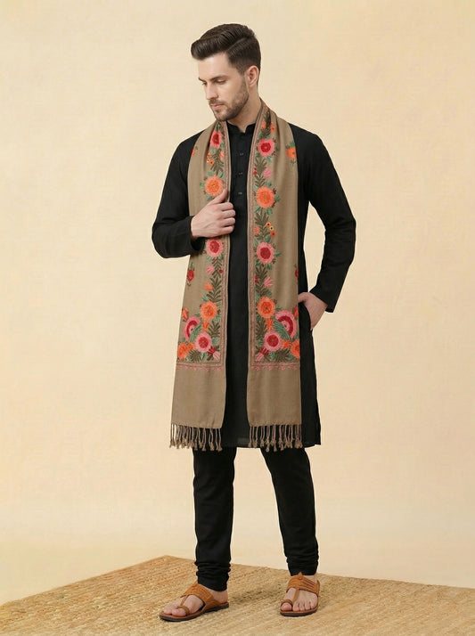 Kashmiri Aari Embroidered Woollen Stole for Men | Brown - photo 1