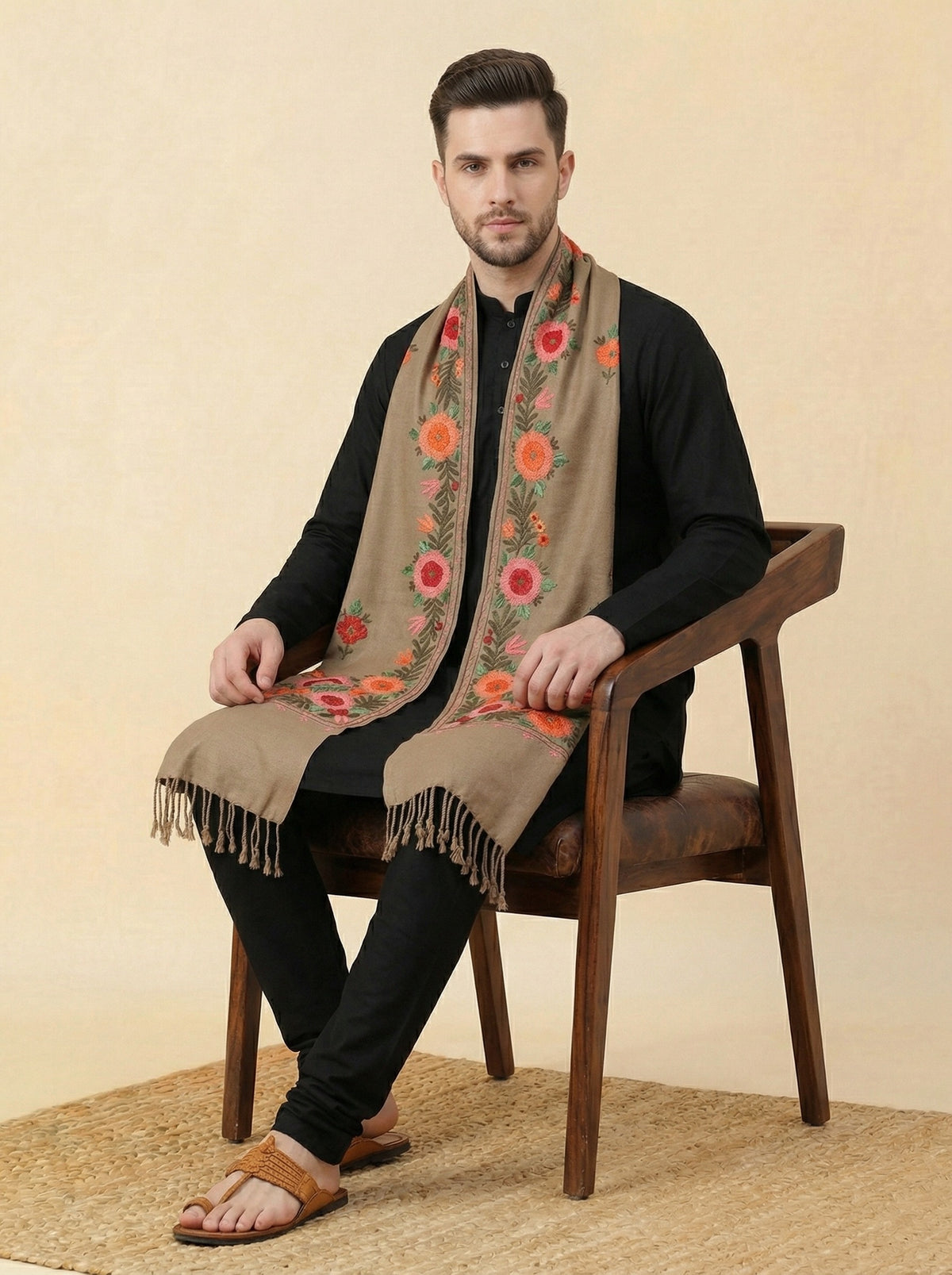 Kashmiri Aari Embroidered Woollen Stole for Men | Brown - photo 2