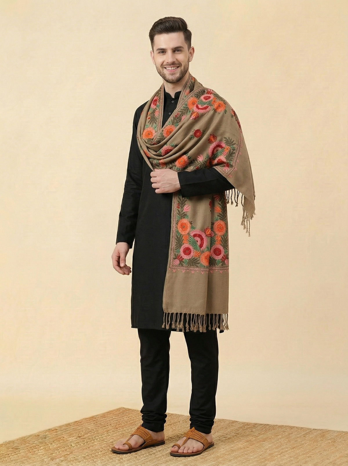 Kashmiri Aari Embroidered Woollen Stole for Men | Brown - photo 3