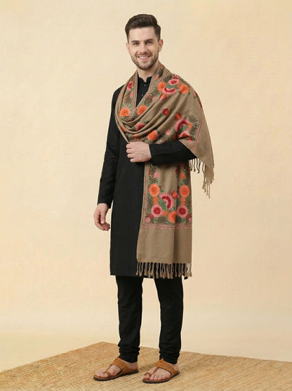 Kashmiri Aari Embroidered Woollen Stole for Men | Brown - photo 3