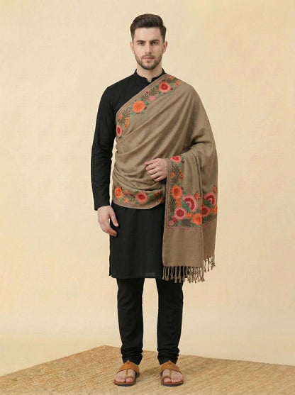 Kashmiri Aari Embroidered Woollen Stole for Men | Brown - photo 4