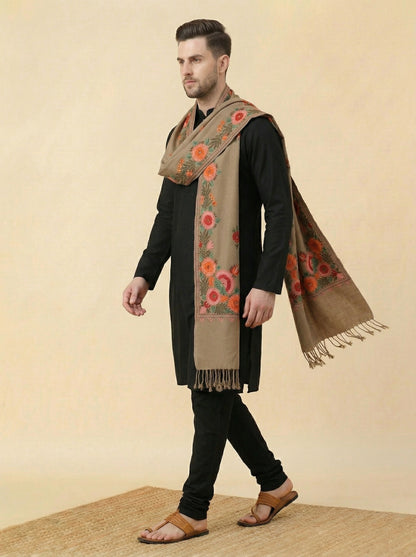Kashmiri Aari Embroidered Woollen Stole for Men | Brown - photo 5