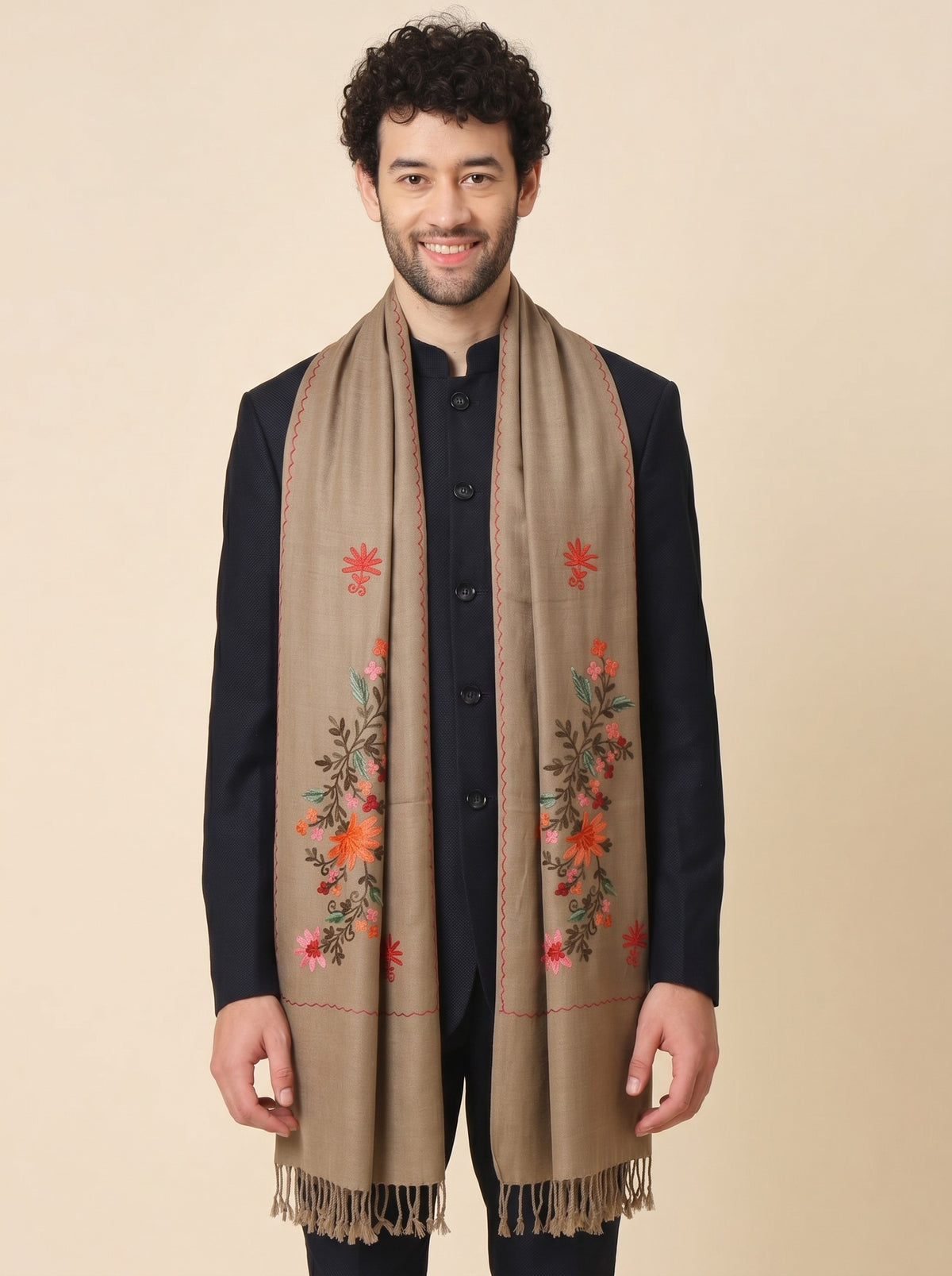 Kashmiri Aari Embroidery Woollen Stole for Men | Brown - photo 1