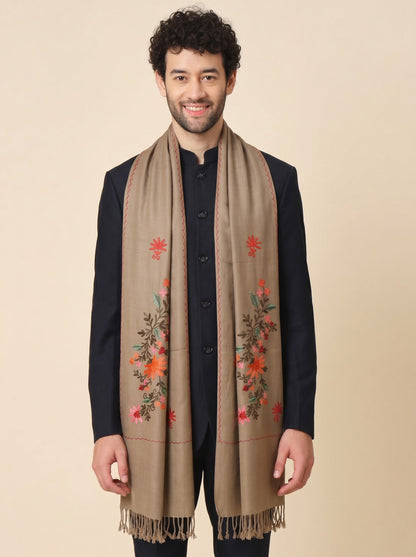 Kashmiri Aari Embroidery Woollen Stole for Men | Brown - photo 1