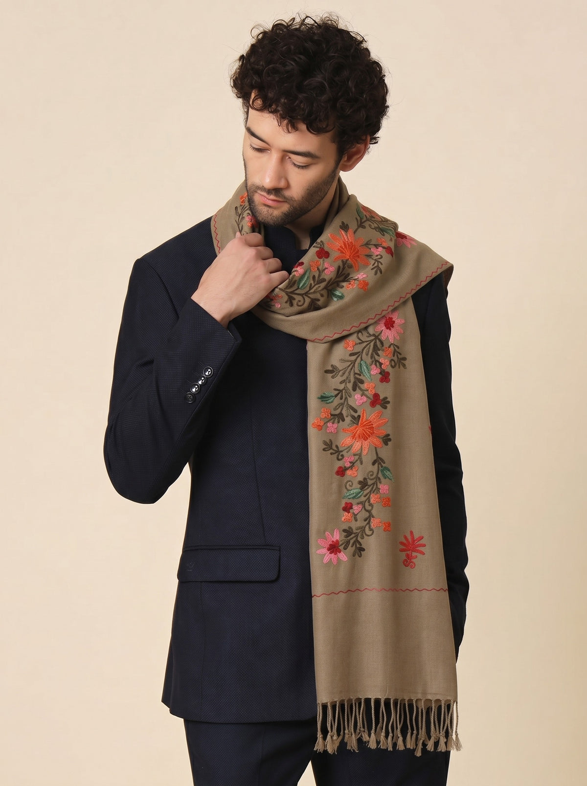 Kashmiri Aari Embroidery Woollen Stole for Men | Brown - photo 2