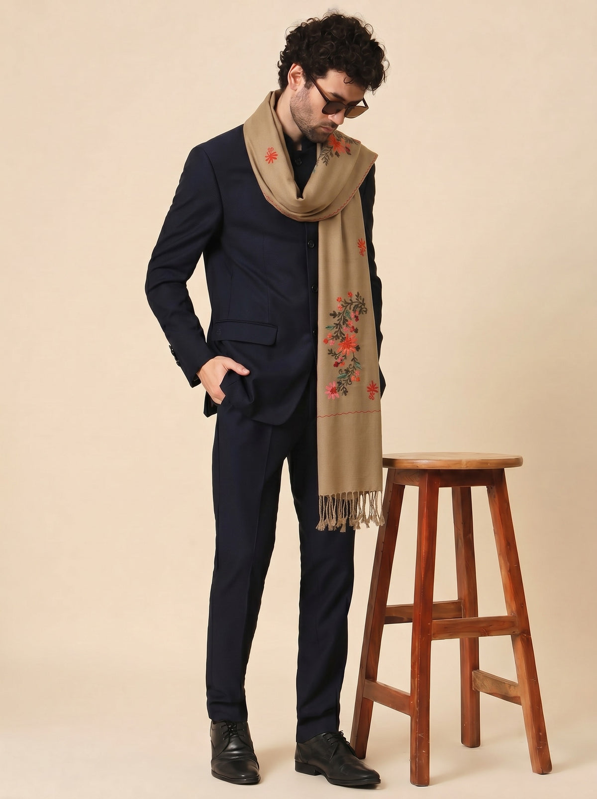Kashmiri Aari Embroidery Woollen Stole for Men | Brown - photo 3