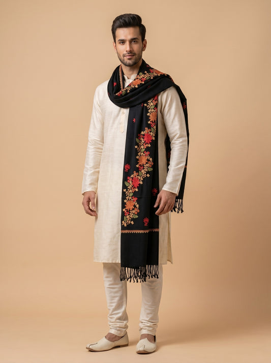 Kashmiri Aari Embroidery Woollen Stole for Men | Black - photo 1