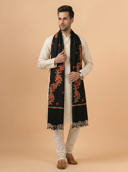 Kashmiri Aari Embroidery Woollen Stole for Men | Black - photo 2