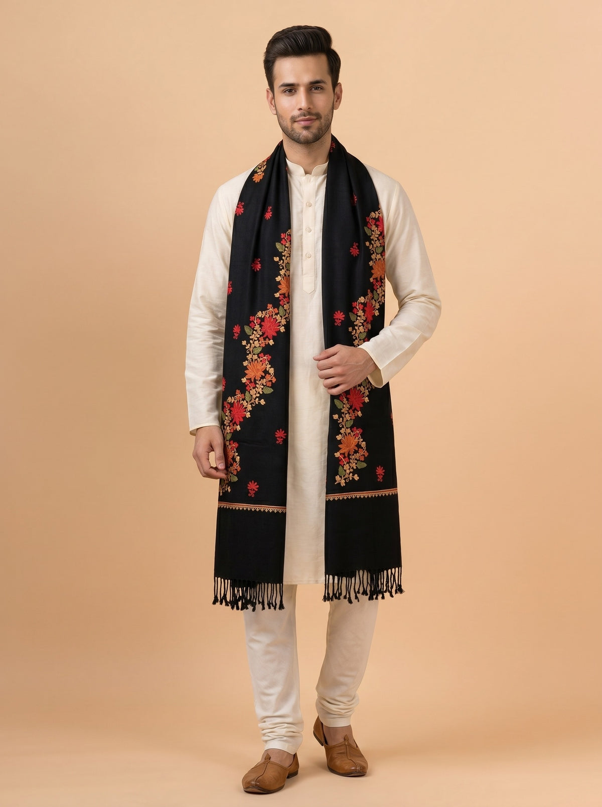 Kashmiri Aari Embroidery Woollen Stole for Men | Black - photo 3