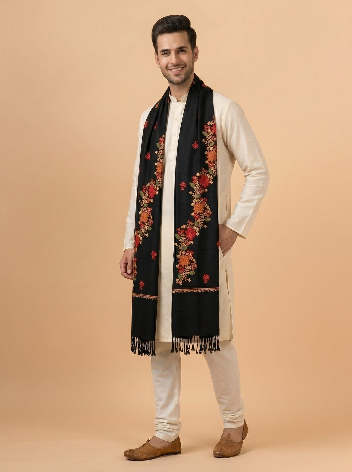 Kashmiri Aari Embroidery Woollen Stole for Men | Black - photo 4