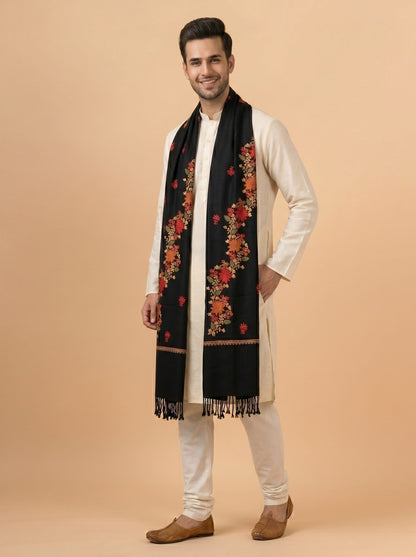 Kashmiri Aari Embroidery Woollen Stole for Men | Black - photo 4