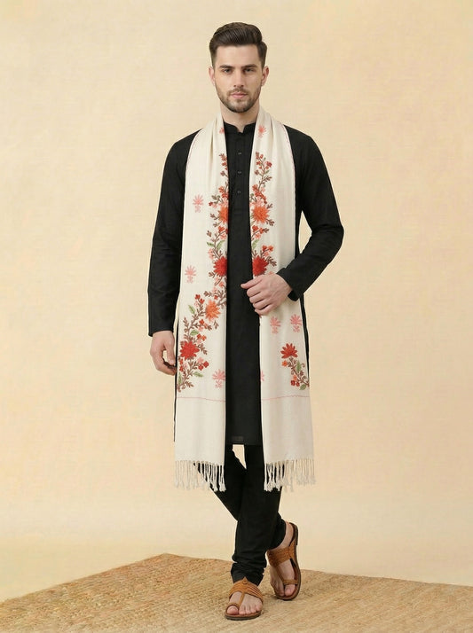 Kashmiri Aari Embroidery Woollen Stole for Men | White - photo 1