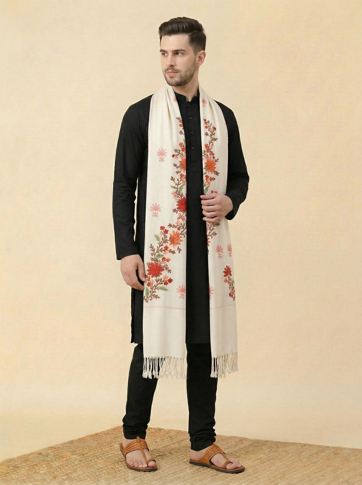 Kashmiri Aari Embroidery Woollen Stole for Men | White - photo 2