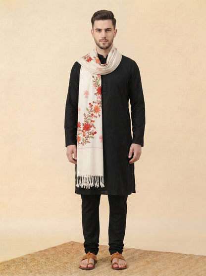 Kashmiri Aari Embroidery Woollen Stole for Men | White - photo 3