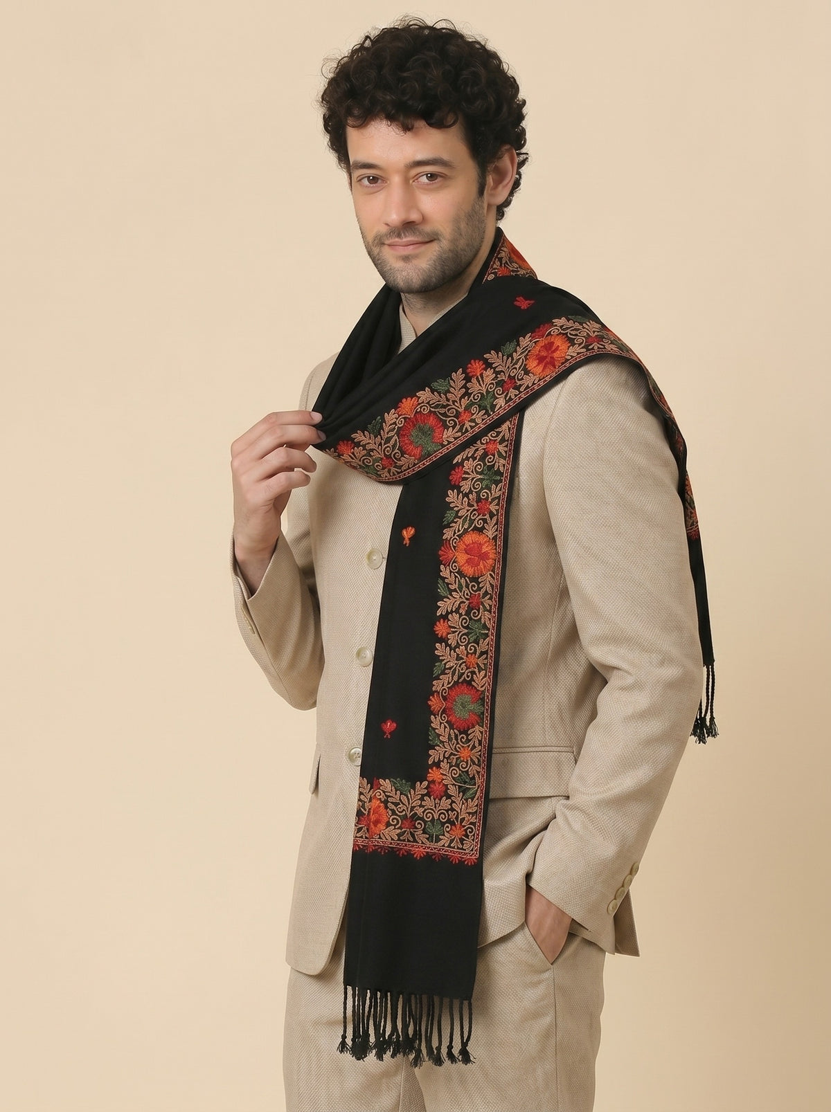 Kashmiri Aari Embroidered Woollen Stole for Men | Black - photo 1
