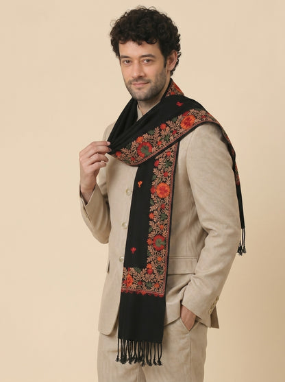 Kashmiri Aari Embroidered Woollen Stole for Men | Black - photo 1