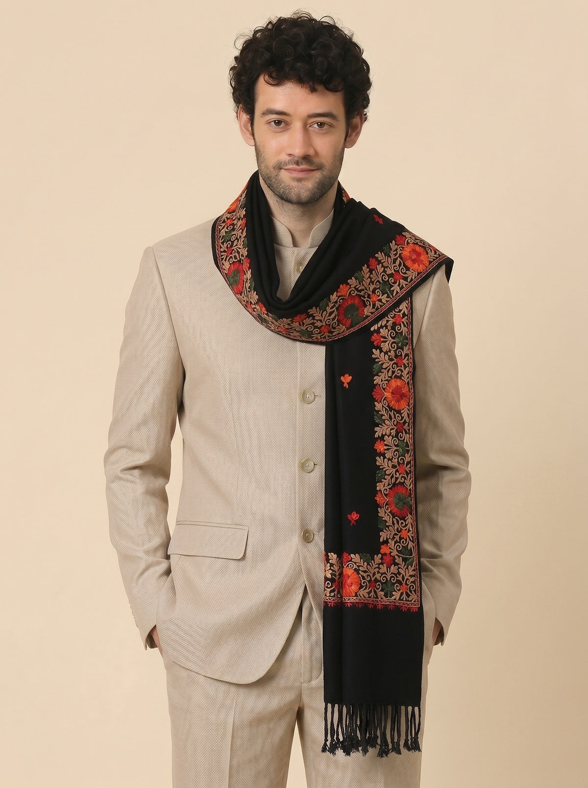 Kashmiri Aari Embroidered Woollen Stole for Men | Black - photo 2