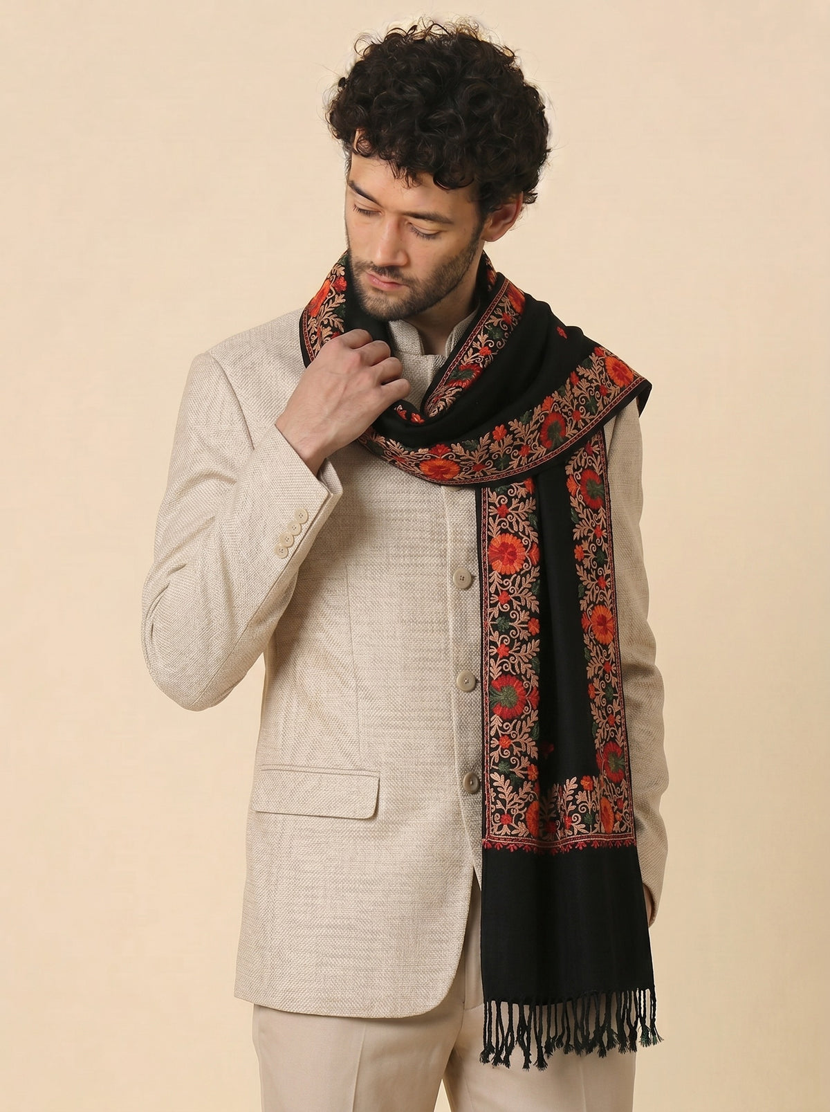 Kashmiri Aari Embroidered Woollen Stole for Men | Black - photo 3