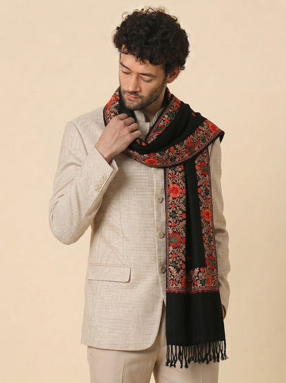 Kashmiri Aari Embroidered Woollen Stole for Men | Black - photo 3