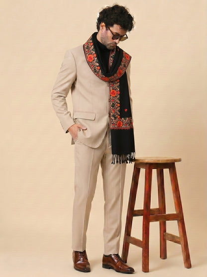 Kashmiri Aari Embroidered Woollen Stole for Men | Black - photo 4