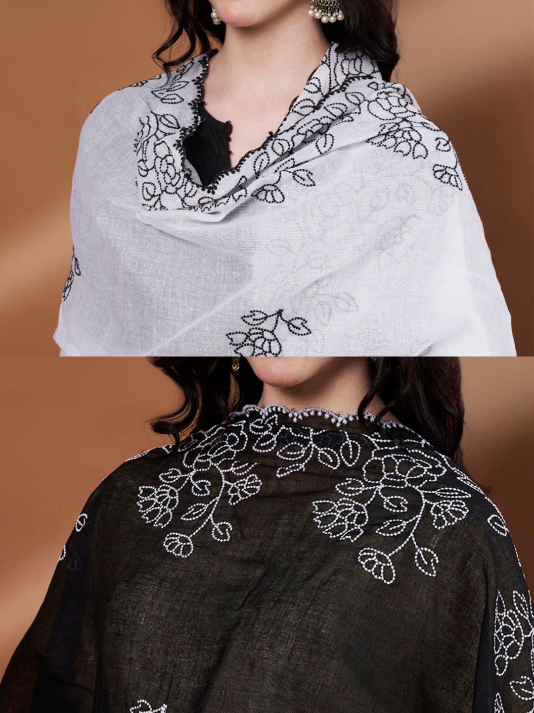 Pure Cotton Embroidered Dupatta for Women Pack of 2 | White and Black
