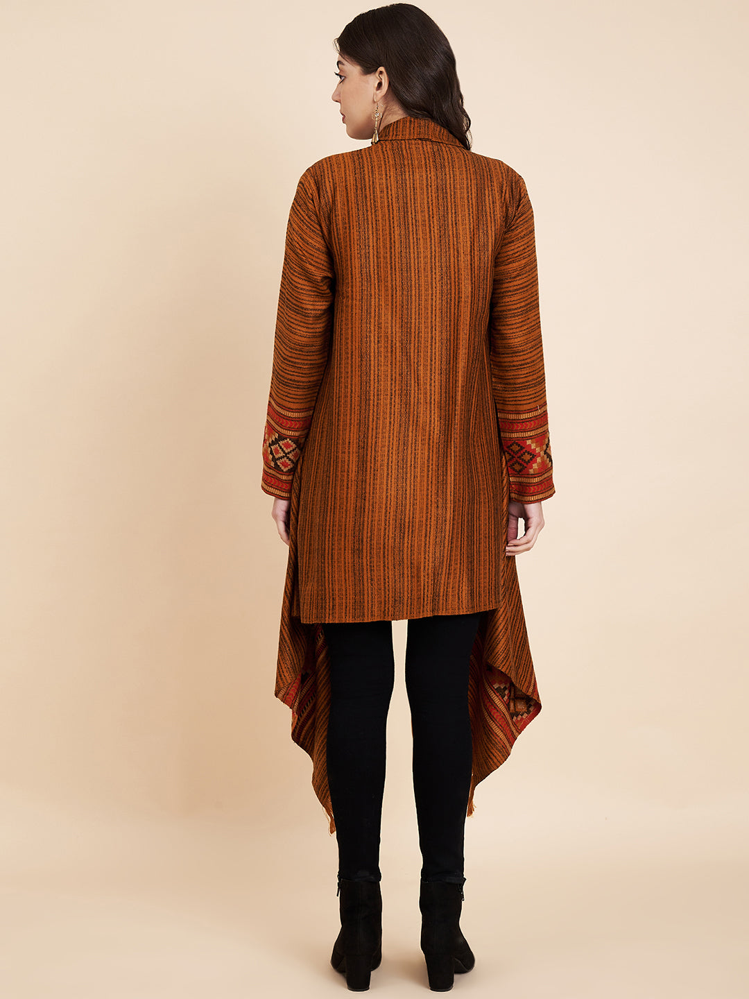 Women's Woven Full Sleeves Cape Shrug in Himalayan Stripes | Mustard