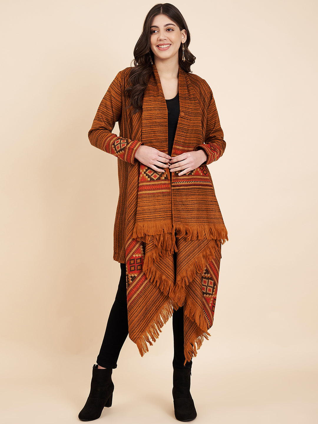Women's Woven Full Sleeves Cape Shrug in Himalayan Stripes | Mustard