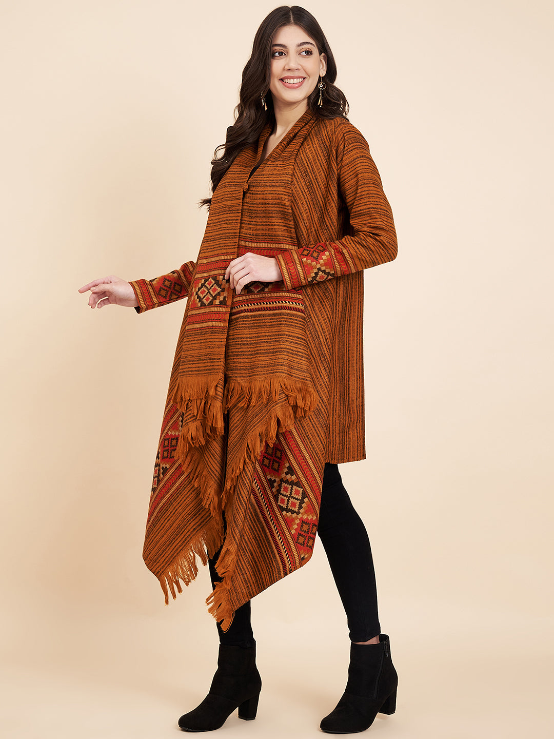 Women's Woven Full Sleeves Cape Shrug in Himalayan Stripes | Mustard