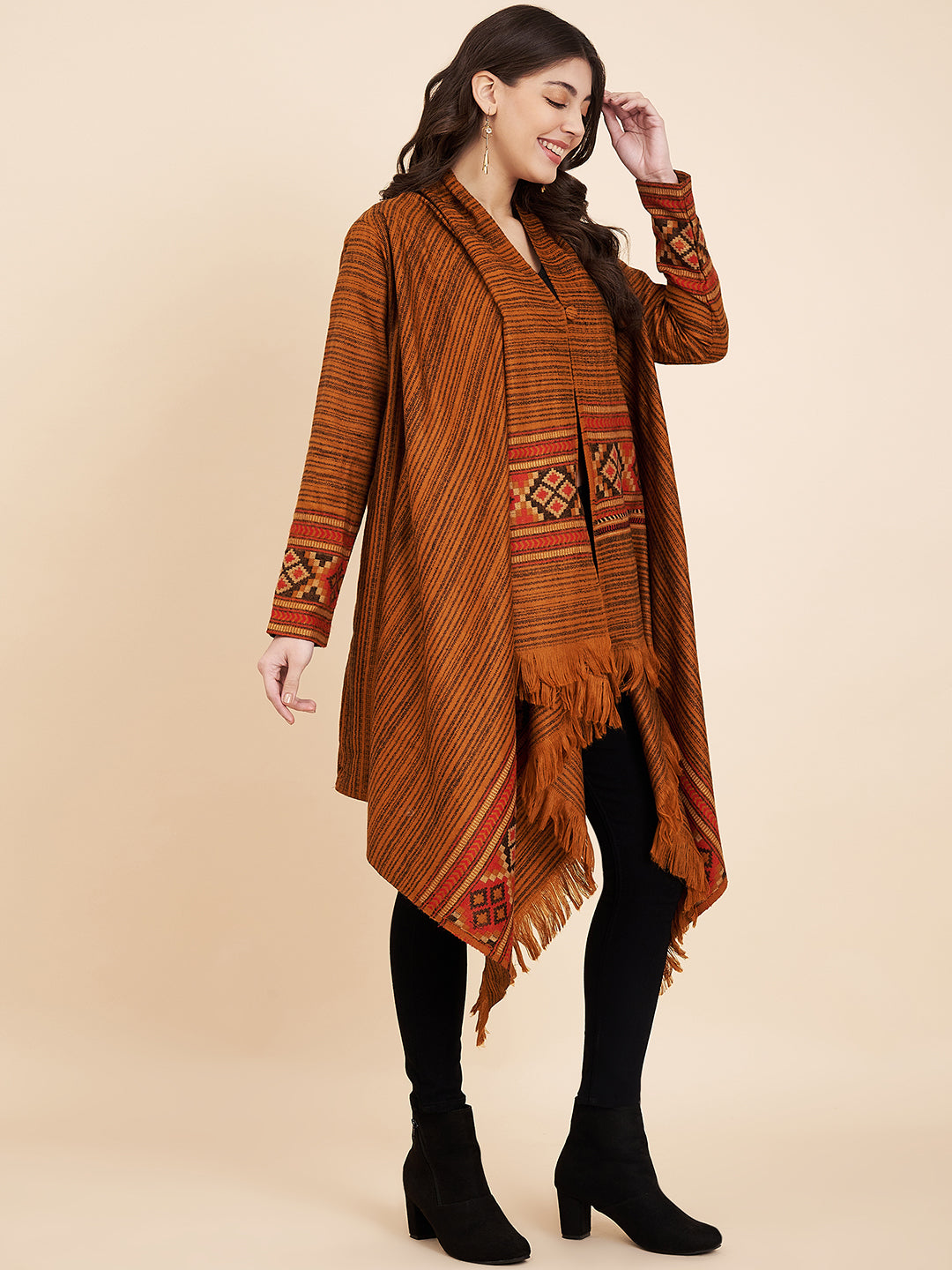 Women's Woven Full Sleeves Cape Shrug in Himalayan Stripes | Mustard