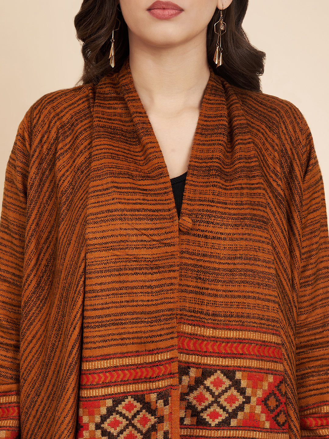 Women's Woven Full Sleeves Cape Shrug in Himalayan Stripes | Mustard