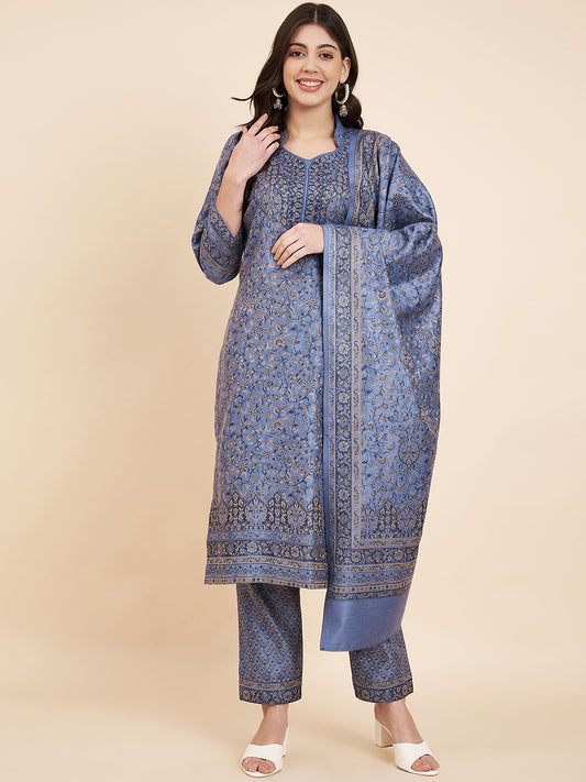 Unstitched Kani Woven Design Suit Dress Material | Blue