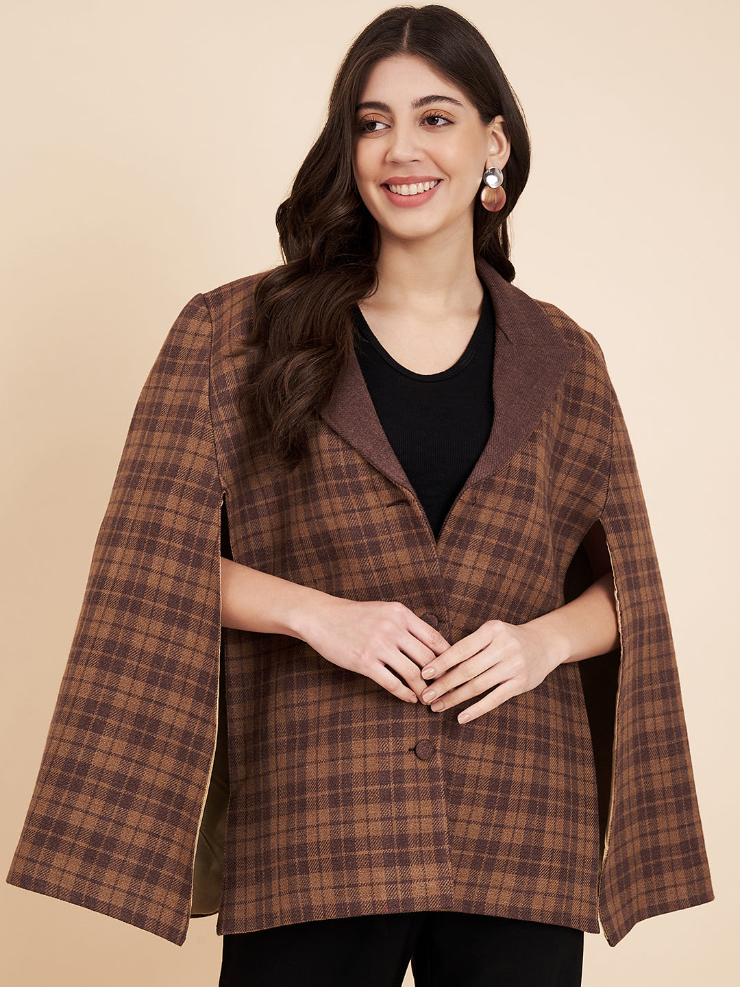 Woven Checks Stylish Cape Jacket for Women | Dark Brown