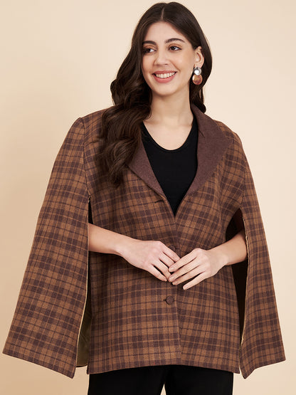 Woven Checks Stylish Cape Jacket for Women | Dark Brown