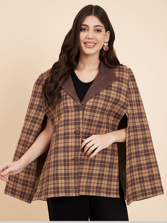 Woven Checks Stylish Cape Jacket for Women | Light Brown