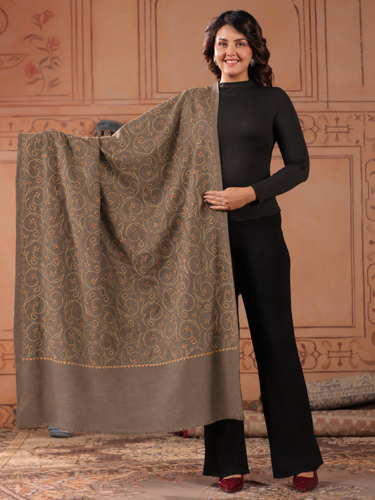 Floral Jaal Embroidered Woolen Shawl for Women | Beige