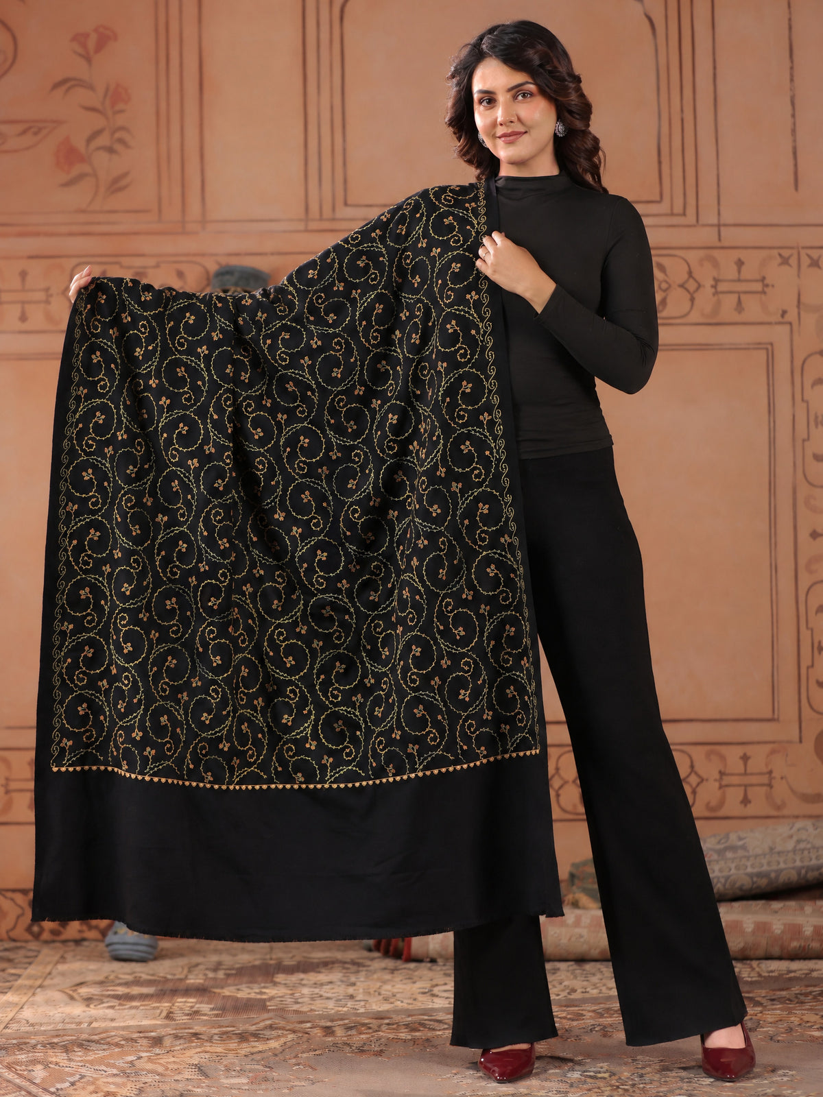 Floral Jaal Embroidered Woolen Shawl for Women | Black